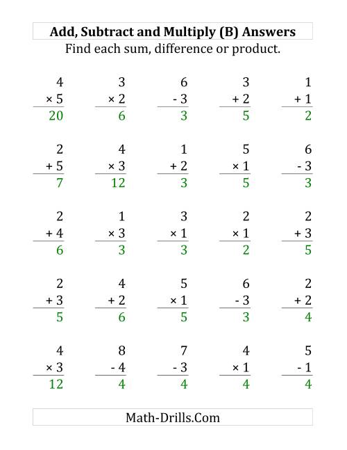 The Adding, Subtracting and Multiplying with Facts From 1 to 5 (B) Math Worksheet Page 2
