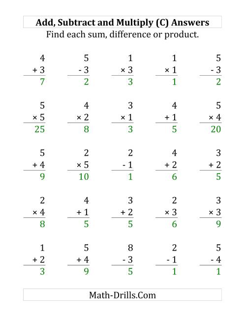 The Adding, Subtracting and Multiplying with Facts From 1 to 5 (C) Math Worksheet Page 2