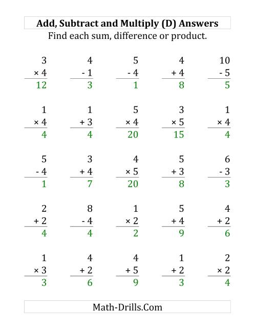 The Adding, Subtracting and Multiplying with Facts From 1 to 5 (D) Math Worksheet Page 2