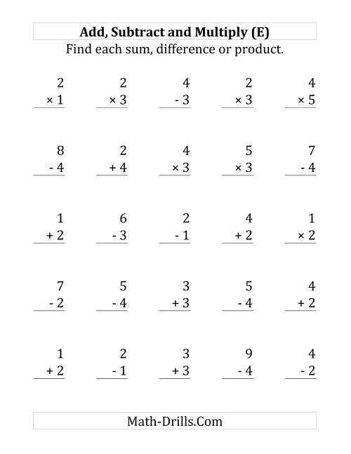 The Adding, Subtracting and Multiplying with Facts From 1 to 5 (E) Math Worksheet