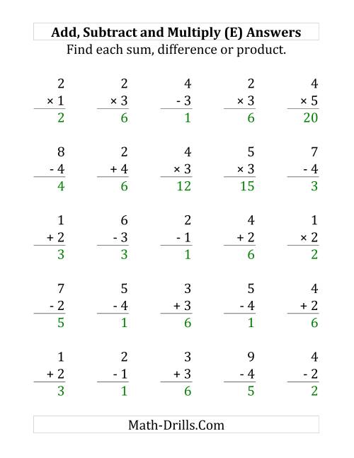 The Adding, Subtracting and Multiplying with Facts From 1 to 5 (E) Math Worksheet Page 2