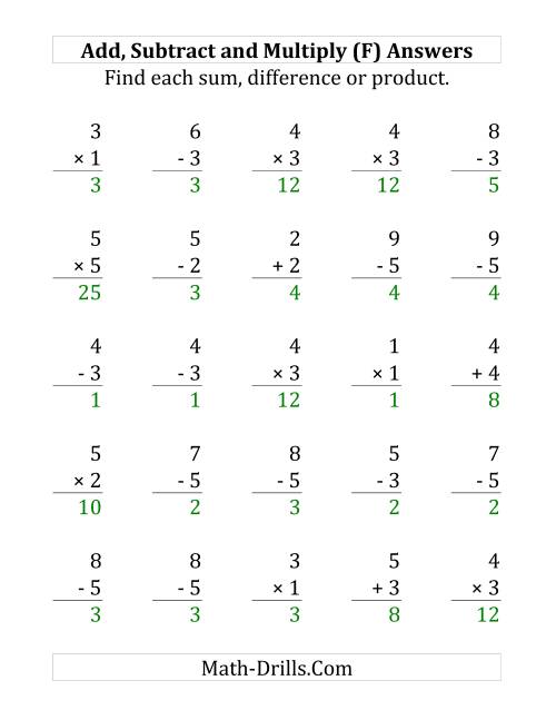 The Adding, Subtracting and Multiplying with Facts From 1 to 5 (F) Math Worksheet Page 2