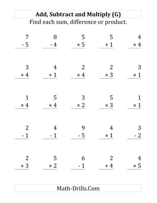 The Adding, Subtracting and Multiplying with Facts From 1 to 5 (G) Math Worksheet