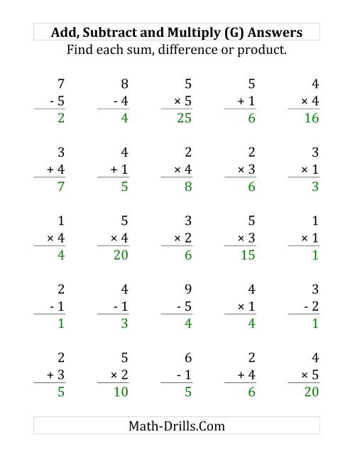 The Adding, Subtracting and Multiplying with Facts From 1 to 5 (G) Math Worksheet Page 2