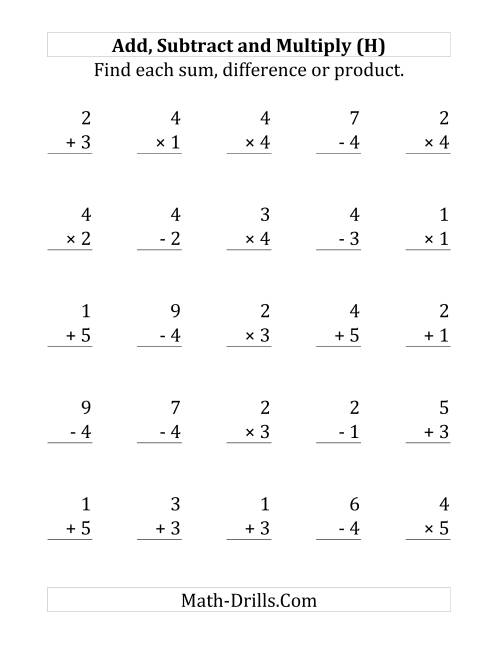 The Adding, Subtracting and Multiplying with Facts From 1 to 5 (H) Math Worksheet