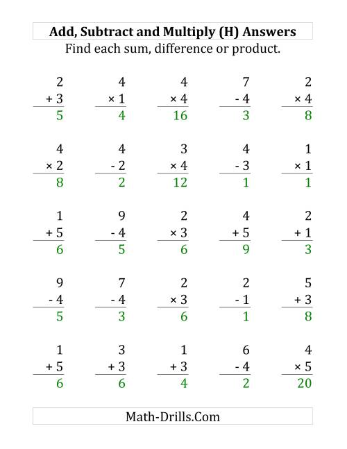 The Adding, Subtracting and Multiplying with Facts From 1 to 5 (H) Math Worksheet Page 2