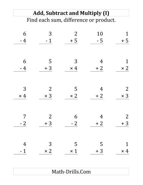 The Adding, Subtracting and Multiplying with Facts From 1 to 5 (I) Math Worksheet