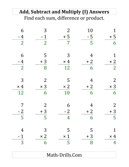 The Adding, Subtracting and Multiplying with Facts From 1 to 5 (I) Math Worksheet Page 2