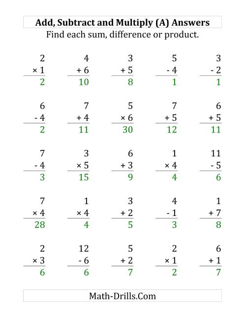 The Adding, Subtracting and Multiplying with Facts From 1 to 7 (A) Math Worksheet Page 2