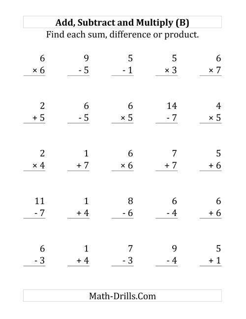 The Adding, Subtracting and Multiplying with Facts From 1 to 7 (B) Math Worksheet