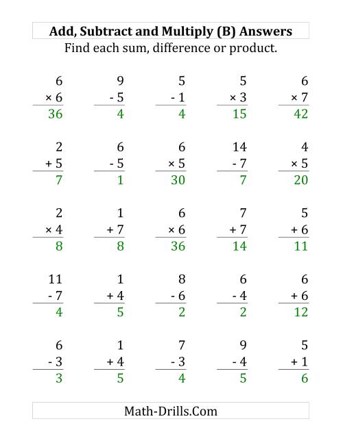 The Adding, Subtracting and Multiplying with Facts From 1 to 7 (B) Math Worksheet Page 2