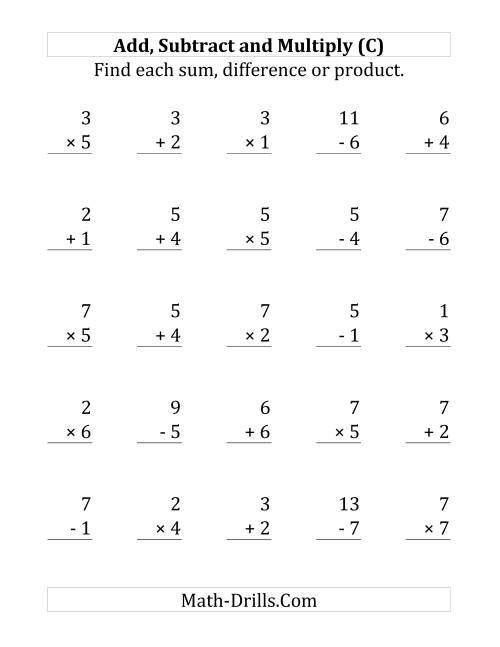 The Adding, Subtracting and Multiplying with Facts From 1 to 7 (C) Math Worksheet