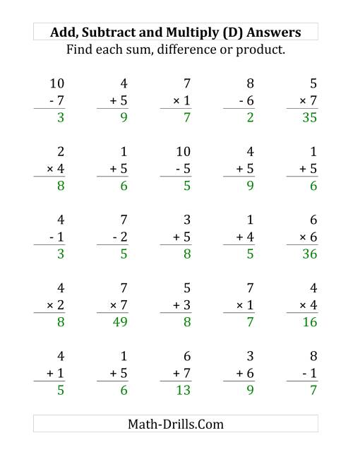 The Adding, Subtracting and Multiplying with Facts From 1 to 7 (D) Math Worksheet Page 2