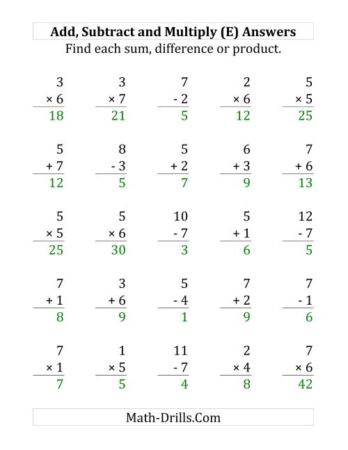 The Adding, Subtracting and Multiplying with Facts From 1 to 7 (E) Math Worksheet Page 2