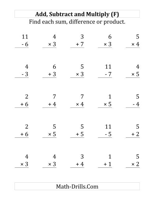 The Adding, Subtracting and Multiplying with Facts From 1 to 7 (F) Math Worksheet
