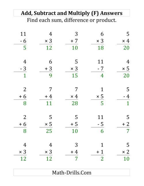The Adding, Subtracting and Multiplying with Facts From 1 to 7 (F) Math Worksheet Page 2