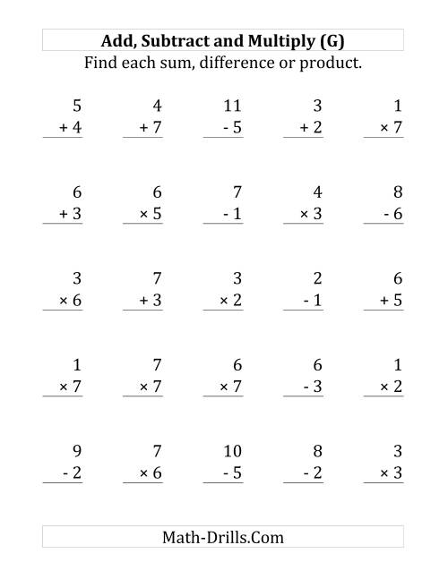 The Adding, Subtracting and Multiplying with Facts From 1 to 7 (G) Math Worksheet
