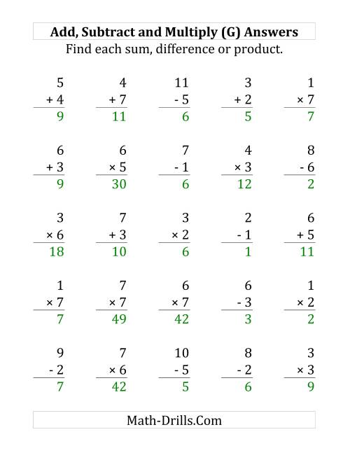 The Adding, Subtracting and Multiplying with Facts From 1 to 7 (G) Math Worksheet Page 2