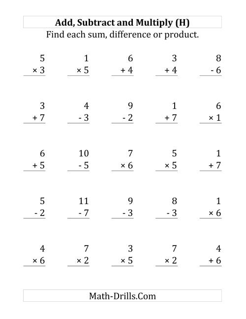 The Adding, Subtracting and Multiplying with Facts From 1 to 7 (H) Math Worksheet