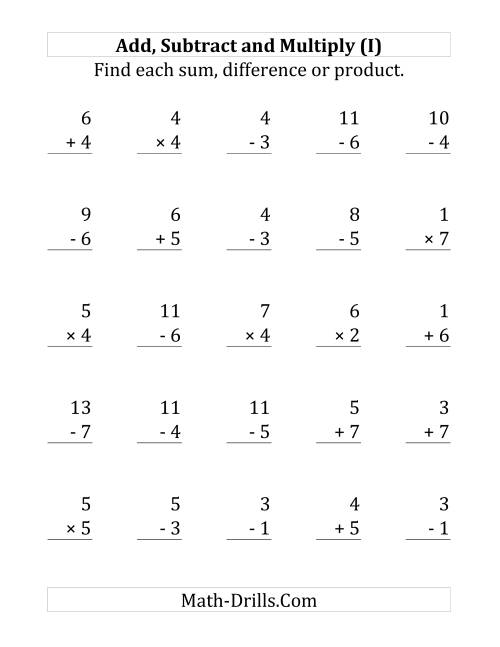 The Adding, Subtracting and Multiplying with Facts From 1 to 7 (I) Math Worksheet