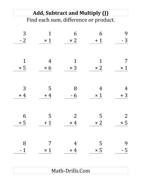 The Adding, Subtracting and Multiplying with Facts From 1 to 7 (J) Math Worksheet
