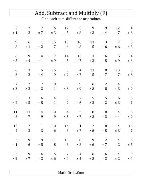 The Adding, Subtracting and Multiplying with Facts From 1 to 9 (F) Math Worksheet