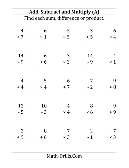 The Adding, Subtracting and Multiplying with Facts From 1 to 9 (A) Math Worksheet