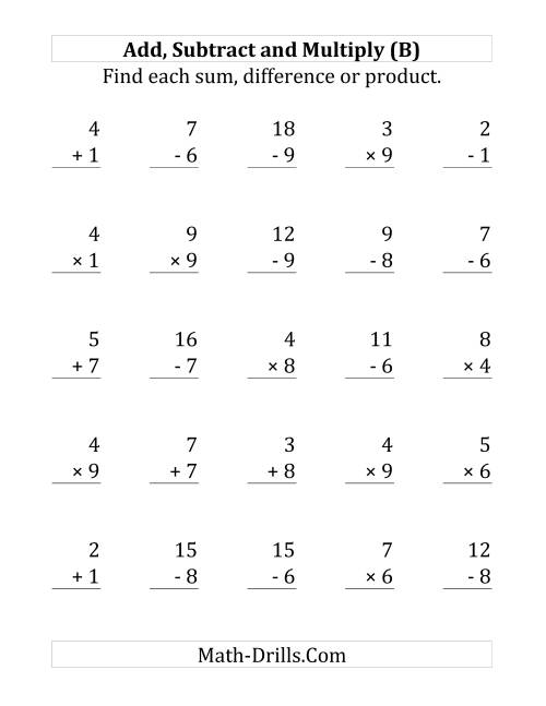 The Adding, Subtracting and Multiplying with Facts From 1 to 9 (B) Math Worksheet