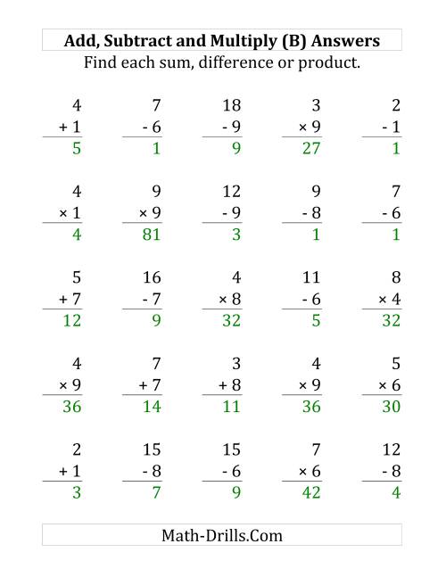 The Adding, Subtracting and Multiplying with Facts From 1 to 9 (B) Math Worksheet Page 2