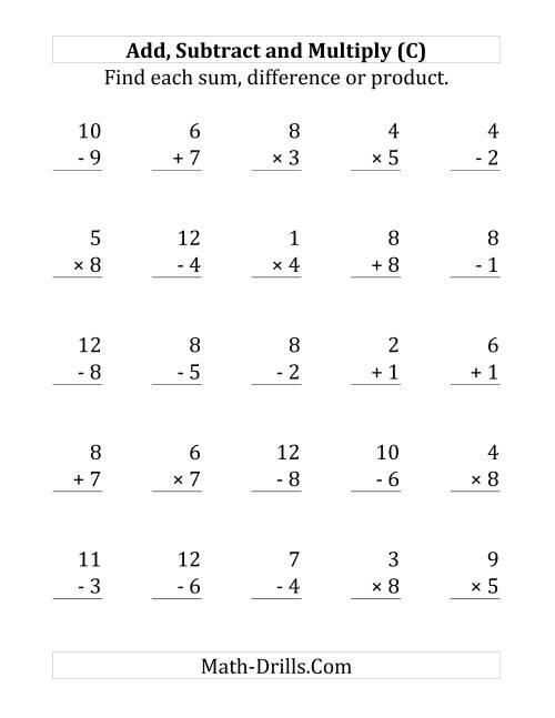 The Adding, Subtracting and Multiplying with Facts From 1 to 9 (C) Math Worksheet