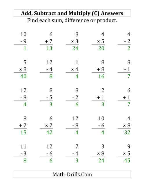 The Adding, Subtracting and Multiplying with Facts From 1 to 9 (C) Math Worksheet Page 2