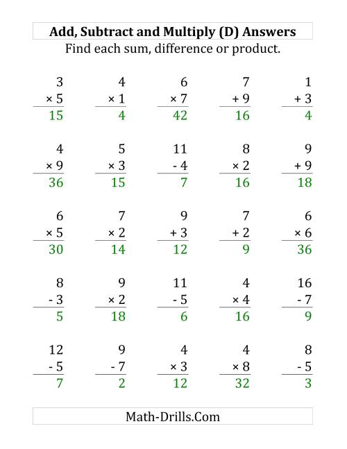 The Adding, Subtracting and Multiplying with Facts From 1 to 9 (D) Math Worksheet Page 2