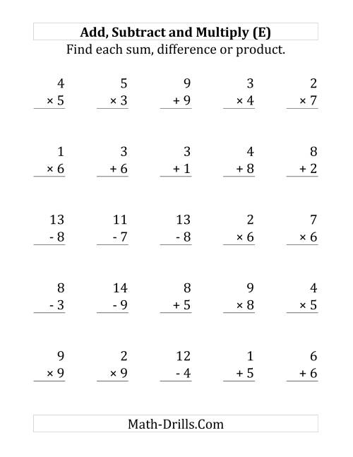 The Adding, Subtracting and Multiplying with Facts From 1 to 9 (E) Math Worksheet