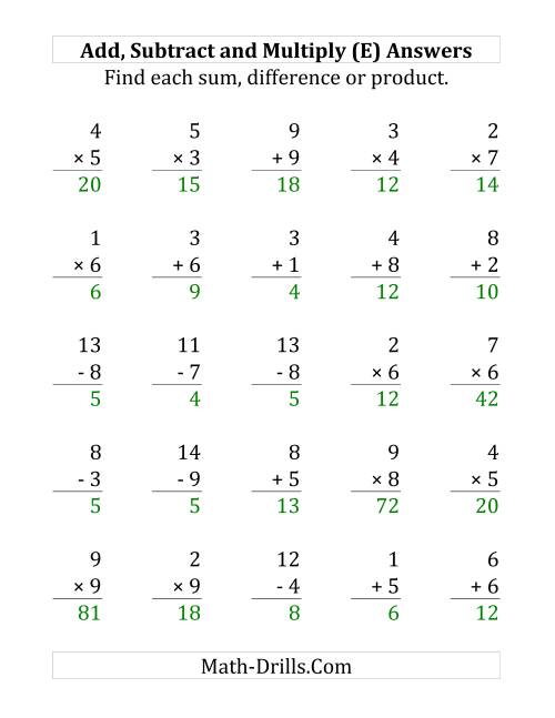 The Adding, Subtracting and Multiplying with Facts From 1 to 9 (E) Math Worksheet Page 2