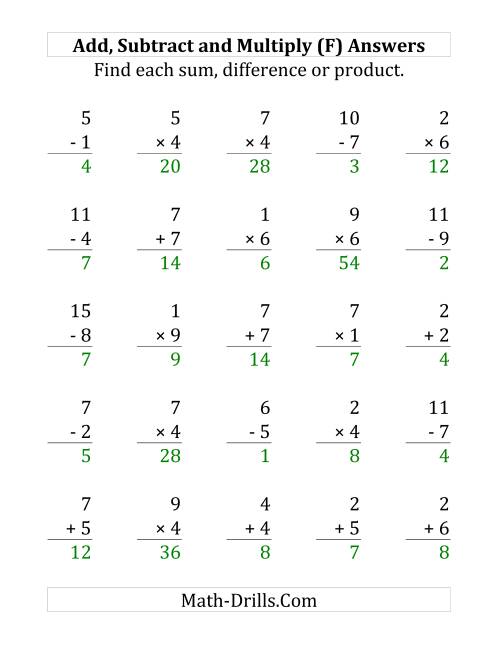 The Adding, Subtracting and Multiplying with Facts From 1 to 9 (F) Math Worksheet Page 2
