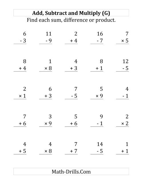 The Adding, Subtracting and Multiplying with Facts From 1 to 9 (G) Math Worksheet