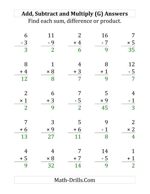 The Adding, Subtracting and Multiplying with Facts From 1 to 9 (G) Math Worksheet Page 2