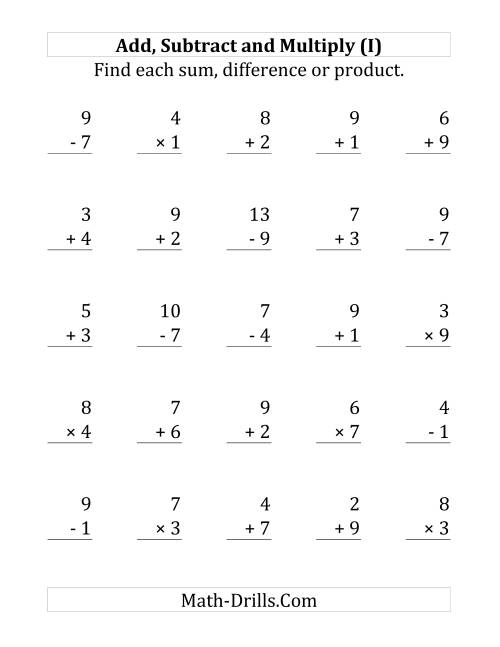 The Adding, Subtracting and Multiplying with Facts From 1 to 9 (I) Math Worksheet