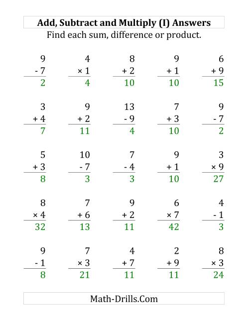 The Adding, Subtracting and Multiplying with Facts From 1 to 9 (I) Math Worksheet Page 2