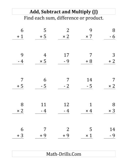 The Adding, Subtracting and Multiplying with Facts From 1 to 9 (J) Math Worksheet