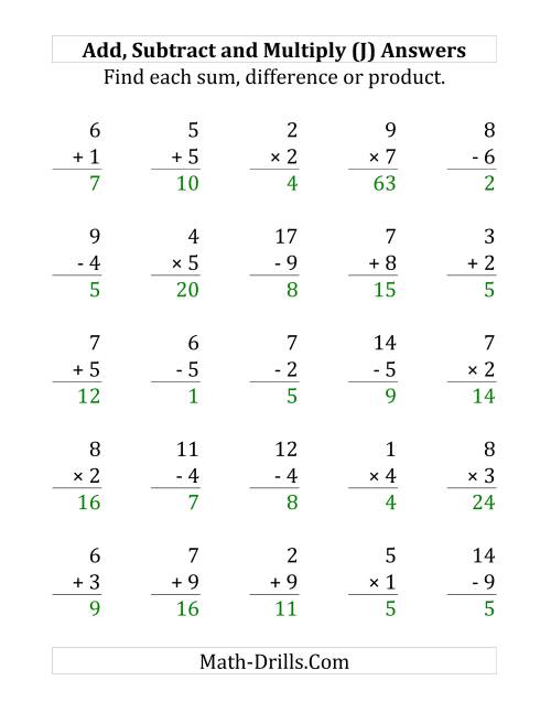 The Adding, Subtracting and Multiplying with Facts From 1 to 9 (J) Math Worksheet Page 2
