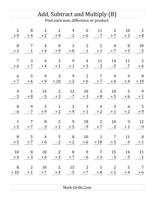 The Adding, Subtracting and Multiplying with Facts From 1 to 10 (B) Math Worksheet