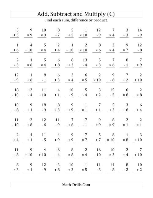 The Adding, Subtracting and Multiplying with Facts From 1 to 10 (C) Math Worksheet