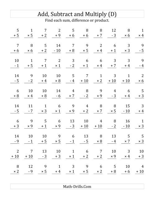 The Adding, Subtracting and Multiplying with Facts From 1 to 10 (D) Math Worksheet
