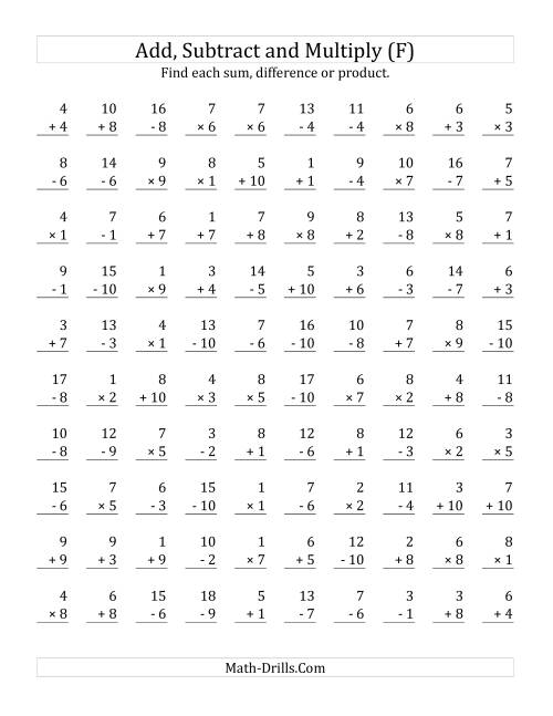 The Adding, Subtracting and Multiplying with Facts From 1 to 10 (F) Math Worksheet