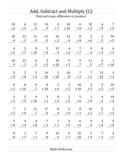 The Adding, Subtracting and Multiplying with Facts From 1 to 10 (G) Math Worksheet