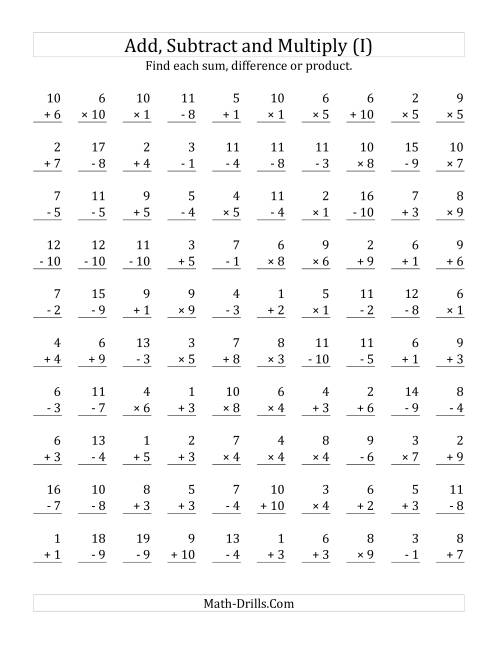 The Adding, Subtracting and Multiplying with Facts From 1 to 10 (I) Math Worksheet