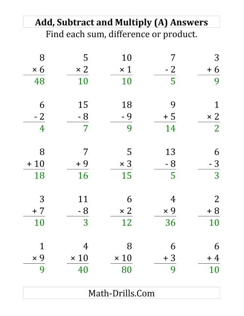 The Adding, Subtracting and Multiplying with Facts From 1 to 10 (A) Math Worksheet Page 2