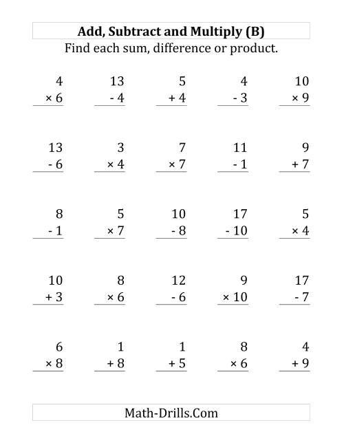 The Adding, Subtracting and Multiplying with Facts From 1 to 10 (B) Math Worksheet