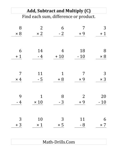 The Adding, Subtracting and Multiplying with Facts From 1 to 10 (C) Math Worksheet